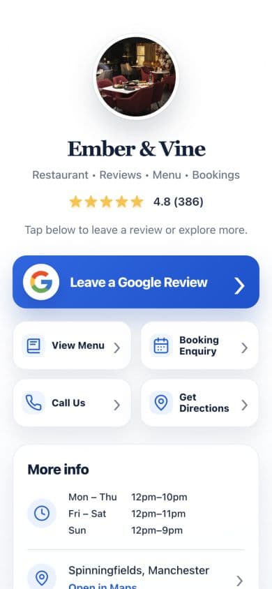 Restaurant TapRank page example with Google reviews, menu, bookings, calling and directions