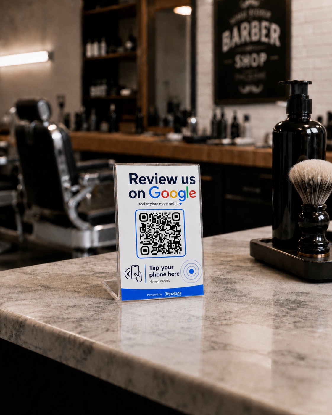 TapRank stand placed on a barber shop counter