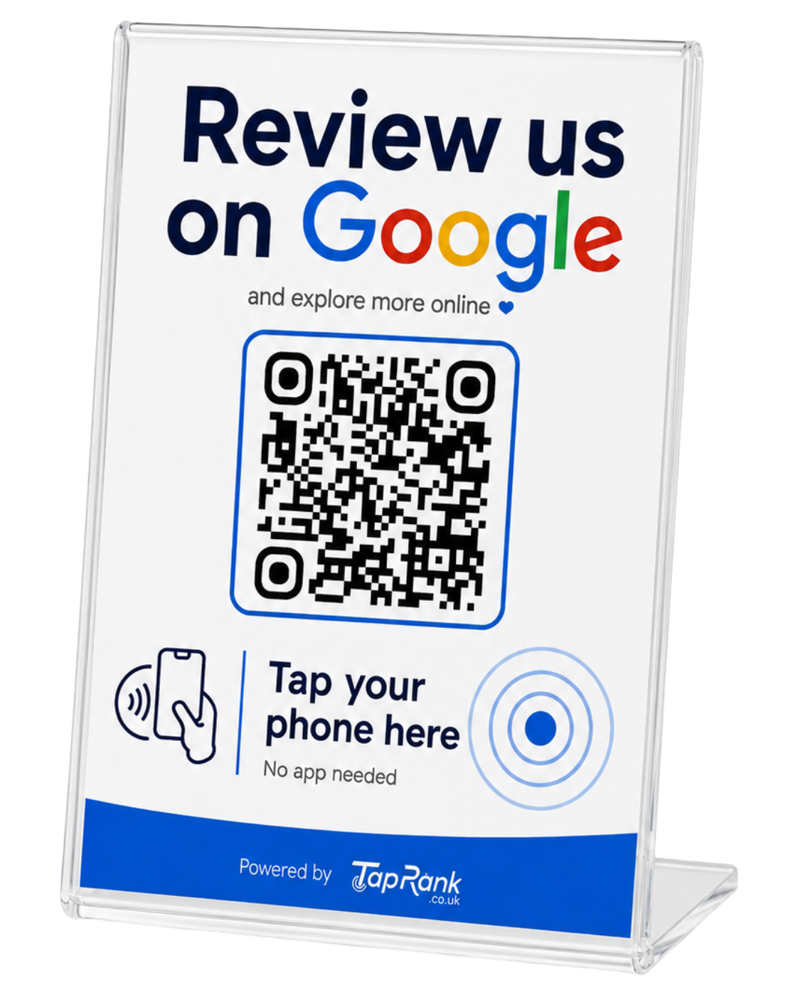 Transparent TapRank acrylic NFC and QR review stand